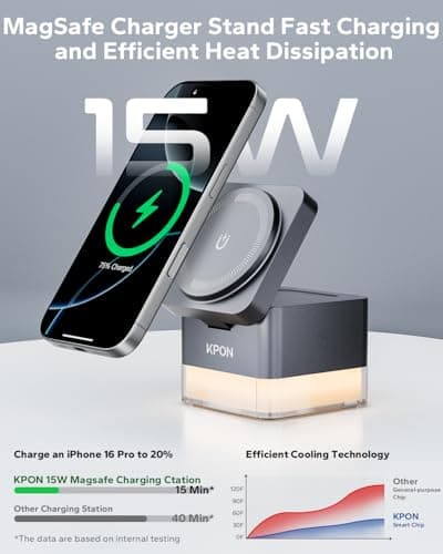 KPON for iPhone Nightstand Charging Station,15W 3 in 1 Wireless Phone Charger Stand with Night Lamp, Travel Foldable Magnetic Cube Magsafe Dock for iPhone 17 16 15 14 13 12 Series/Apple Watch/Airpods - Thumbnail 2