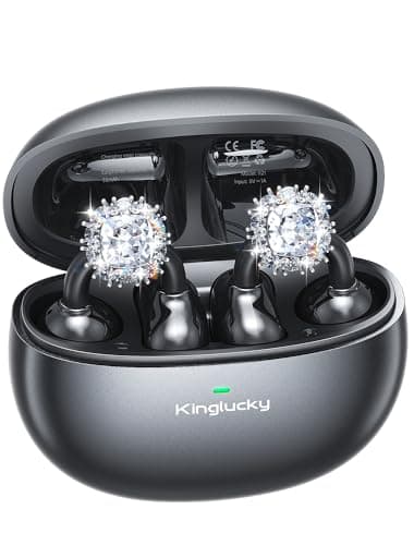 Kinglucky Jewelry-Inspired Clip-On Earbuds with Diamond Earrings, Comfortable Fit & 40H Playtime Open Ear Bluetooth 5.4 Wireless Headphones for Women, Small Ears, Sports & Workouts (Black)