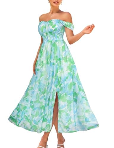 GRACE KARIN Summer Floral Dress for Women 2026,Off the Shoulder Smocked Bridesmaid Dresses,Formal Baby Shower Maxi Dresses Blue Green L - Image 1