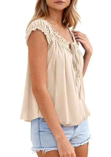 PRETTYGARDEN Women Babydoll Tops 2026 Summer Clothes Cap Sleeve Tie Front Flowy Tank Top Peplum Blouses Cute Going Out Shirts (Apricot,XX-Large) - Thumbnail 4