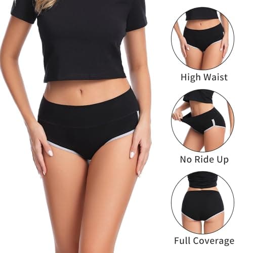 CAILECOTTON Womens Underwear Cotton Underwear for women High Waisted Full Coverage Brief Soft Stretch Breathable Everyday Hipster Ladies Pantie Comfy Briefs - Black 5 pack - Thumbnail 3