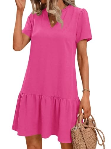 Wenrine Womens Casual Mini Dress Short Sleeve V Neck Drop Waist Ruffle Loose Summer Dresses with Pockets Rose Red - Image 1