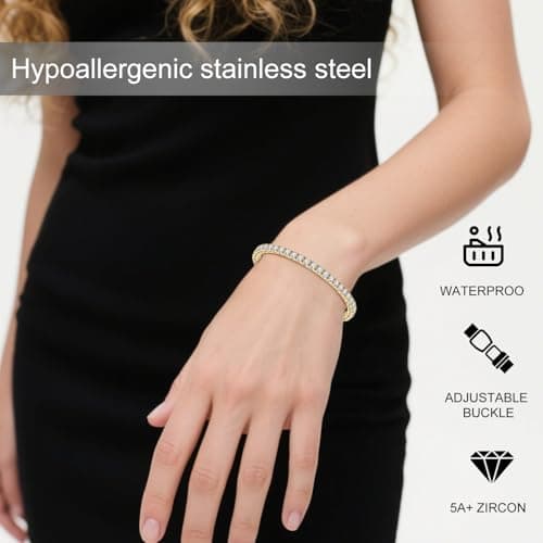 Tennis Bracelet for Women Men, 14K Gold Plated Round 4mm AAAA+ Cubic Zirconia CZ Dainty Classic Adjustable Stainless Steel Bracelets Festival Wedding Jewelry Gift (Gold, CZ 4mm) - Thumbnail 2