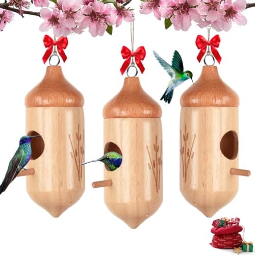 Hummingbird House, Solid Wood Hummingbird Houses for Outside-Exquisitely Handcrafted Birdhouse with Bow and Jute String Hanging Kit, Durable Garden Decor, Perfect Gardening Gift (Style-A, 3 Pack)