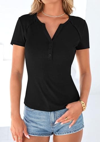 PRETTYGARDEN Womens Short Sleeve Henley Shirts 2026 Summer Trendy Ribbed Tops Fitted V Neck Button Up T Shirts Spring Blouses (Black,X-Large) - Thumbnail 6