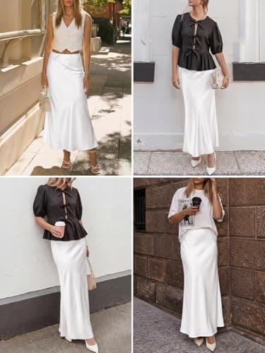 LORJIO Women's Satin Maxi Skirts 2026 Spring High Waisted Flowy Long Silk A Line Elegant Formal Flared Fishtail Skirt Business Casual Outfits White S - Thumbnail 5