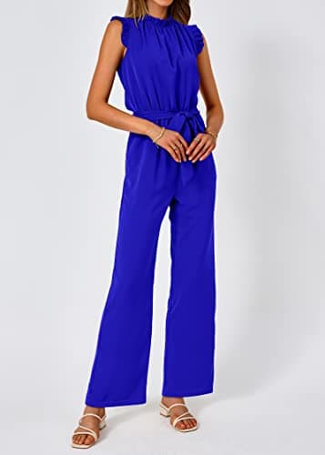 KIRUNDO Jumpsuits For Women Dressy Summer One Piece Sleeveless Ruffle Mock Neck Belt Pockets Formal Wide Leg Pants Romper(Royal Blue, Large) - Thumbnail 3
