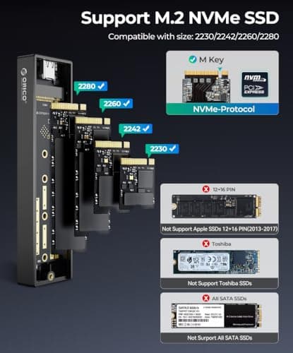ORICO M.2 NVMe SSD Enclosure, USB 3.1 Gen 2 (10 Gbps) PCIe External Adapter NVMe Case for 2230/2242/2260/2280 M.2 SSD up to 8TB, UASP Supported - M2PV - Thumbnail 3