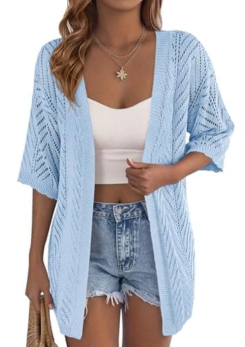 PRETTYGARDEN Women's Lightweight Summer Cardigans 2026 Short Sleeve Knit Crochet Coverups Spring Boho Beach Vacation Clothes (Light Blue,X-Large)