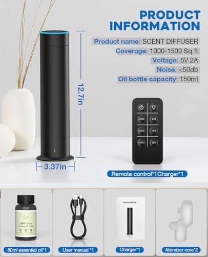 Waterless Scent Diffuser Starter Kit, 150mL Capacity Covers 1000 Sq Ft, Rechargeable Essential Oil Diffuser for Large Room, Home, Office, Hotel Scent Diffuser with 80 ml Scent Oil, 3 Control Modes - Thumbnail 5