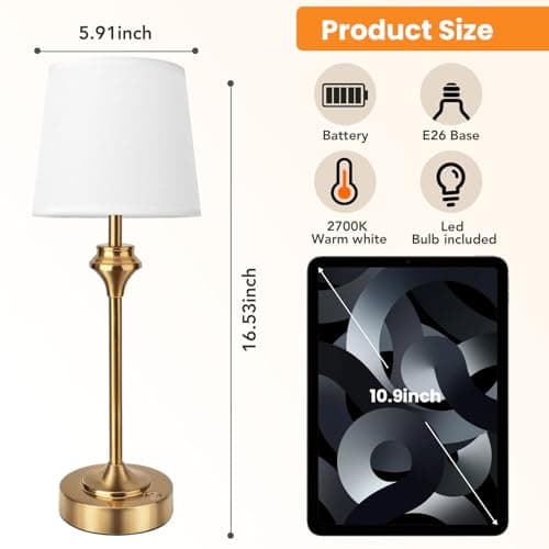 NIORSUN Portables Cordless Table Lamp,Battery Operated Lamp,5200mAh Bedside Table Lamp with Warm White,3 Way Dimmable Touch Desk Lamp for Bedroom Living Room Restaurant White Shade (Gold) - Thumbnail 5