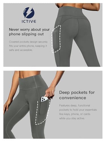 Fihapyli ICTIVE Women's Capris Yoga Pants with Pockets Running Pilates Fitness Running High Waisted Leggings Grey L - Thumbnail 5