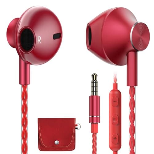 AzukiLife Red Wired Earbuds with Microphone, 3.5mm in-Ear Headphones for Laptop, Gaming & PS5, Volume Control, Clear Sound, Tangle-Free Cable, Earbuds with Case for Computer, PC & Android - Image 1
