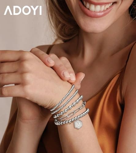 adoyi Silver Beaded Bracelets for Women, 14K Gold Plated Jewelry Bracelet Stack Dainty Initial Stackable Stretch Bead Ball Letter N Strand Bracelet Set Adjustable Gift for Women - Thumbnail 3