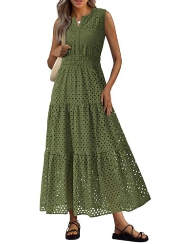 PRETTYGARDEN Womens 2026 Summer Maxi Dresses Sleeveless Sundresses V Neck Eyelet A Line Long Flowy Spring Wedding Guest Dress (Army Green,Small) - Image 1
