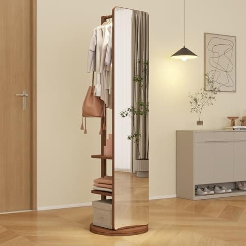 BOWEI Solid Wooden Coat Rack, Free Standing Coat Stand with Full Length mirror, Hall Coat Tree with Hooks and Storage Shelf for Coats, Hats, Bags, for Entryway, Hallway, Bedroom (Walnut) - Image 1