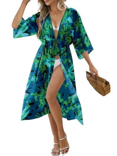 Womens Swimsuit Coverup Casual 3/4 Sleeve Cardigans Swimsuit Summer Beach Cover Ups with Tropical Prints - Image 1