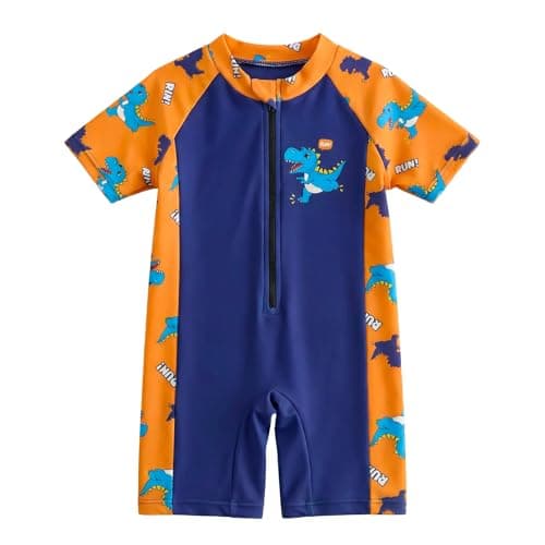 DivingBirds Toddler Boy Rash Guard Swimsuit Short Sleeve,Baby Boy One Piece Swimwear Sun Protection Bathing Suit,Orang Dinosaur,9-12 Months - Image 1
