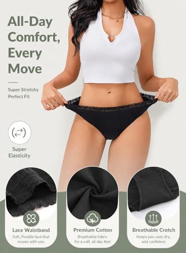 READY TO LOVE Cotton Underwear for Women 6 Pack Full Coverage Briefs Sexy Panties Lace Waistband Ladies Bikini Hipster - Thumbnail 2