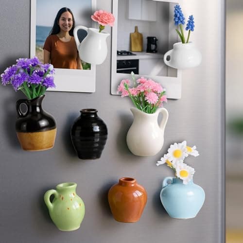 Mini Vase Magnets for Fridge 8PCS - 3D Ceramic Tiny Plant Vase Magnets Fridge Decoration Set Design for Refrigerator, Lockers & Office Spaces (8PCS, Without Flower) - Thumbnail 4