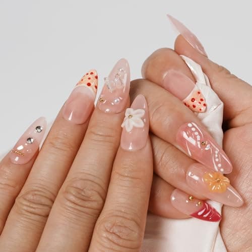 Tesytto 10 Pcs Almond Handmade Press On Nails - 3D Floral Gradient Color with Water Drop Butterfly Decor & Seashell,Hand-painted Light Pink Base for Spring Summer (Hand Painting, M) - Thumbnail 3