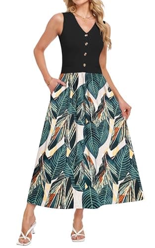 MOLERANI Sundress for Women 2026 Casual Sleeveless V-Neck Elegant Flowy A-Line Long Summer Dresses with Pockets,Wedding Guest Dress,Party(New Leaf Print,M) - Image 1