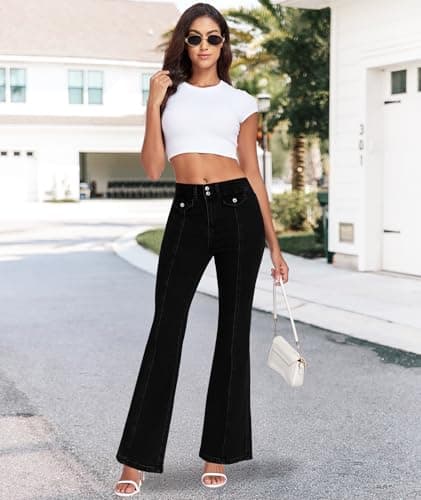 MARIASHA Jeans for Women Flared Leg Stretch High Wasited Printed Pocket Pants Black XL - Thumbnail 2