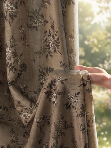 NICETOWN 90" Long Floral Linen Blend Curtain & Drapes, Khaki