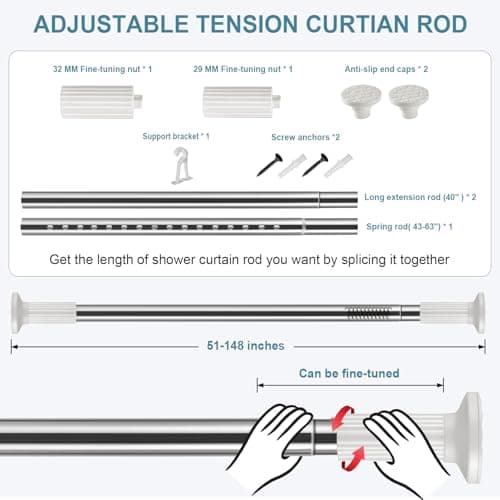 ZOCONE Shower Curtain Rods 51-148 In(4.25-12Ft), Tension Curtain Rods No Drilling, Heavy Duty Long Tension Rod, Outdoor Curtain Rods for Patio, Curtain Pole Christmas Garland Rod, Stainless Steel - Thumbnail 5