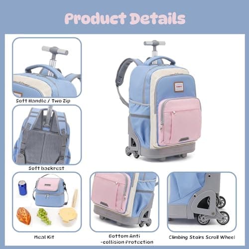 BAMIFEI 18 Inch Blue Pink Rolling Backpack for Girls, Climb Stairs Kids Rolling Backpack Carry On Wheeled School Backpack, Spacious Multiple Compartments Quiet Wheels Travel Backpack for Kids - Thumbnail 4