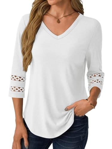 GKBK 3/4 Length Sleeve Womens Tops Dressy Casual Blouses for Women 2026 Trendy Lace Tunic Business V Neck Outfits Tshirts T Shirts Spring Summer Fashion Clothes White M - Thumbnail 6