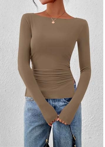 KIRUNDO Long Sleeve Going Out Tops for Women 2026 Spring Casual Boat Neck Workout Shirts Fall Fitted Side Slit Basic Tees(Khaki, Small) - Thumbnail 3
