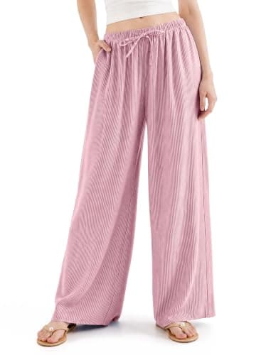 FLYSHEWIN Women Wide Leg Linen Pants with Pocket Casual Flowy Lounge High Waist Loose Palazzo Pants Summer Outfits Petite Trendy 2025 Beach Vacation Travel Outfits(Striped Pink,XS)