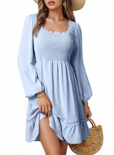 Dokotoo Holiday Dresses for Women 2026 Casual Long Lantern Sleeve Mini Dress 2026 Spring Scoop Neck Ruffle Tiered Flowy Loose Babydoll Lace Dress Blue Large - Image 1