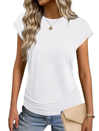 GKBK Womens T Shirts O Neck Short Cap Sleeve Cotton Tops Summer Ruched Trendy Basic Tee Shirt White XL - Image 1
