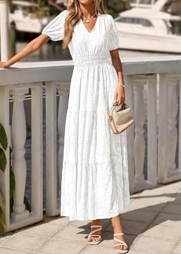 KIRUNDO Summer Dresses for Women 2026 Boho Flowy Casual Short Sleeve V Neck Elastic Waist Floral Long Baby Shower Maxi Dress(White, Small) - Thumbnail 4