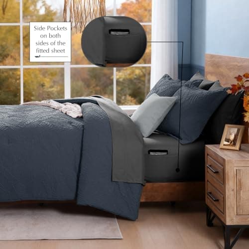 Geniospin Twin Comforter Set - 5 Pieces Blue Gray Textured Bed in Bag, Twin Bedding Sets with Comforter, Sheets, Pillowcases & Shams, All Season Blue Gray Bedding - Thumbnail 3