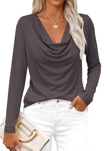 PRETTYGARDEN Womens Spring Tops 2026 Dressy Cowl Neck Long Sleeve Shirts Loose Business Casual Blouses Teacher Tunic Top(Dark Grey,Medium) - Image 1