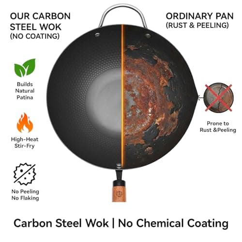 WANGYUANJI Carbon Steel Wok Pan, 12.6 Inch Flat Bottom Stir Fry Pan with Lid, Uncoated Heavy Duty Iron Wok for Induction and Gas Stoves - Thumbnail 3