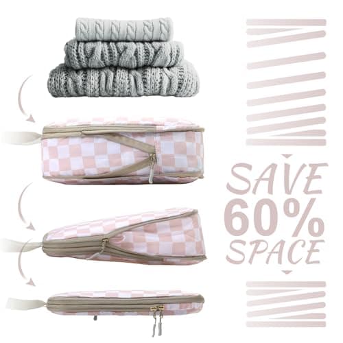 WOOMADA Compression Packing Cubes for Suitcases Travel Essentials 4 Set Expandable Travel Bags Organizer for Luggage(pink checkerboard) - Thumbnail 2