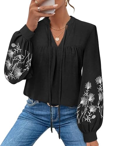 LOOKBOHO Womens Dressy Casual Boho Tops Embroidered V Neck Trendy Puff Long Sleeve Peplum Blouses Black XL - Image 1
