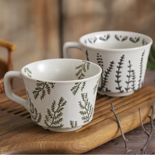 Ceramic Mug, 11oz - Vintage Cups Mug for Coffee Milk Latte Cappuccino Tea, Porcelain Cups Dishwasher Microwave Freezer Safe Stoneware 1 PCS Black Leaf Cup - Thumbnail 2