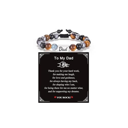 FLHEART Crystal Bracelet Gifts for Men Him-8MM Triple Protection Hematite Black Obsidian Tiger Eye Natural Gemstone Beaded Adjustable ID Engraving Bracelets for Dad Papa Daddy Healing Jewelry Gifts - Image 1
