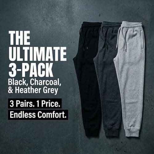 BROOKLYN'S BEST Pack of 3 Men Jogger Pants - Sweatpants for Men with Pockets, Elastic Waistband, Cuffed Ankles, Active Fleece Athletic and Workout Pants - Black/Charcoal/Heather Grey, X-Large - Thumbnail 5
