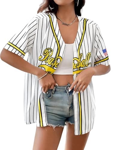 Baseball Shirt Jersey Women Baseball Player T-Shirt Game Day Fan Graphic Tees Button up Short Sleeve White Stripes - Image 1