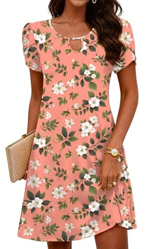 COSSEN Women's Summer Casual Tshirt Dress Pink Print Small Crew Neck Short Sleeve with Pockets Flowy Loose Sundress - Image 1