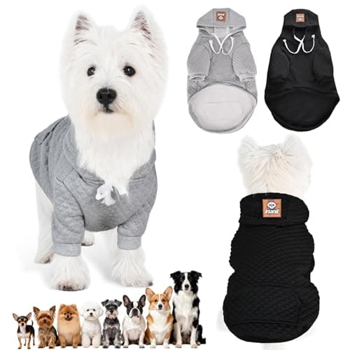 2 Pack Dog Hoodie for Small Medium Large Dogs, Soft Warm Dog Sweater Jackets Winter Fall Pet Hooded Clothes Custume Dogs Sweatshirt with Leash Hole and Pocket, Black ans Grey, S