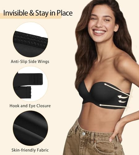 ZYQEXA Strapless Bras for Women with Support - Womens Underwire Push Up Plunge Halter Racerback Bralette Full Coverage Seamless Non Slip Workout Sexy Tshirt Convertible Bra, Black, 34A - Thumbnail 4