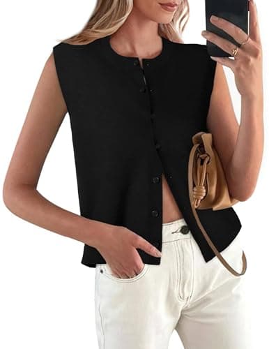 COCCKO Womens Sweater Vest Sleeveless Cardigan Button Up Crew Neck Summer Lightweight Knit Tank Top Black - Image 1