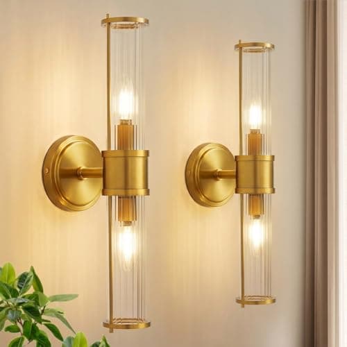Linour Brushed Gold Wall Sconces Set of 2, Modern Bathroom Vanity Light Fixture with Clear Glass Shades, Hardwired Brass Wall Mounted Lamp for Over Mirror, Hallway, Bedroom (E12 Bulbs Not Included) - Image 1